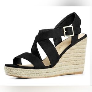 Allegra K Black Suede Espadrilles Platform Slingback Wedge Sandals Size 8.5 New